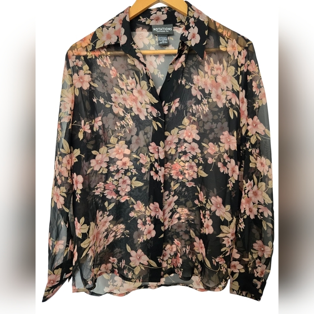 Notations Floral Sheer Black Blouse Size Medium